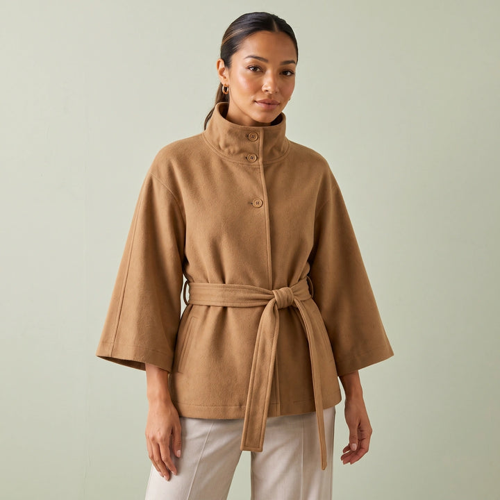 Oriane Belted Cape Sleeve Stand Collar Jacket - Caramel