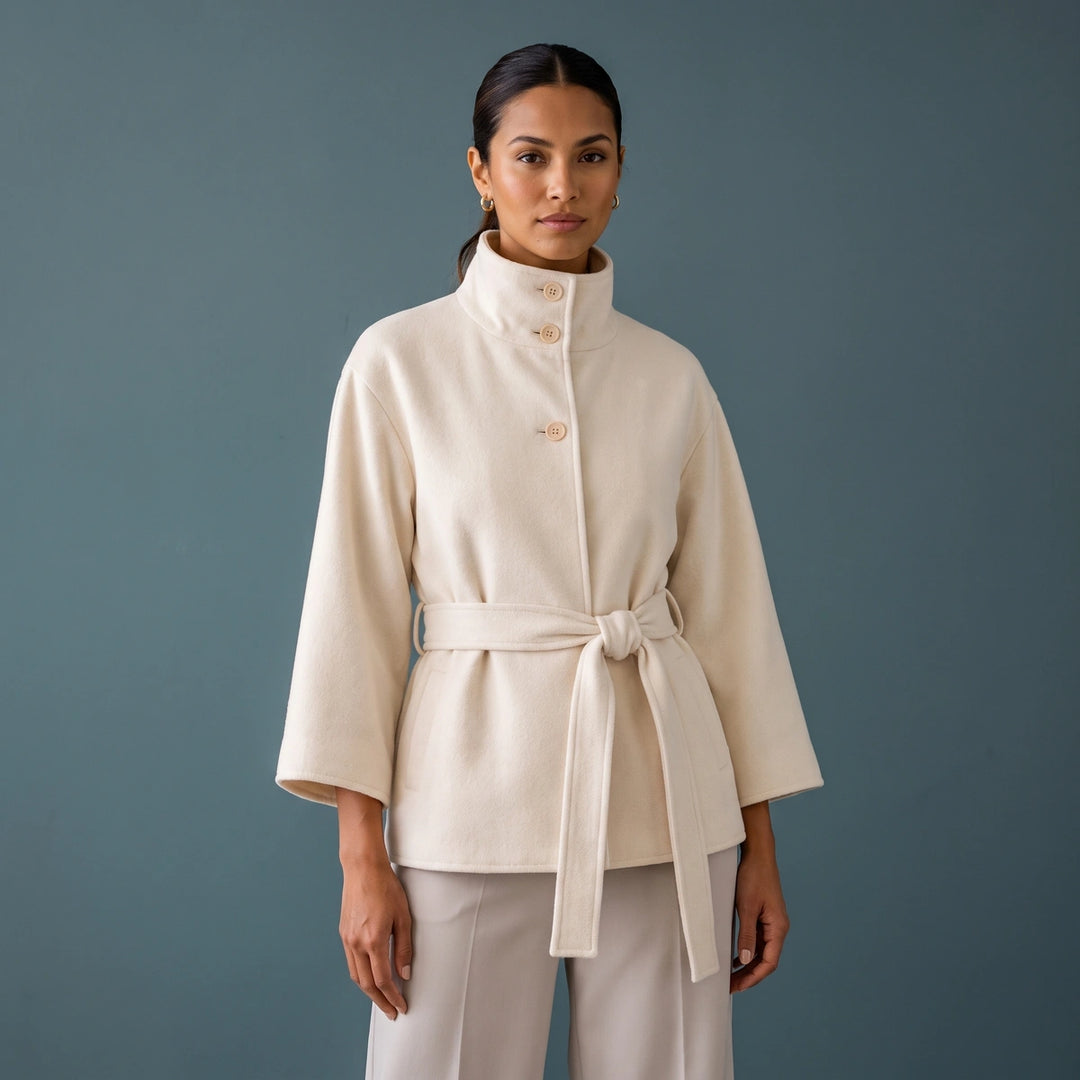 Oriane Belted Cape Sleeve Stand Collar Jacket - White