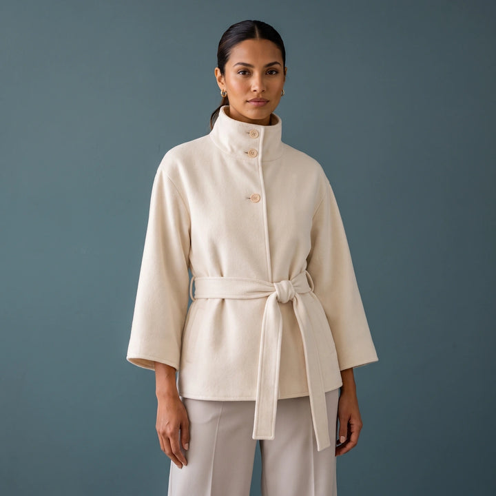 Oriane Belted Cape Sleeve Stand Collar Jacket - White