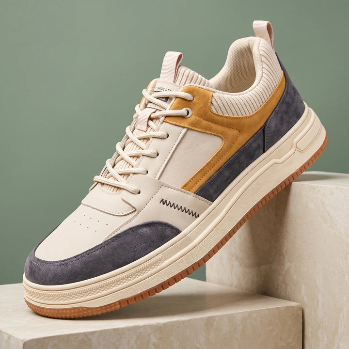 Owen Leather Suede Knit Collar Court Sneakers - Beige