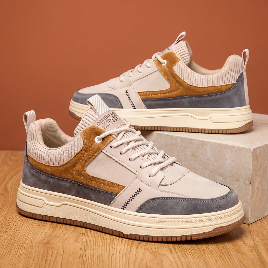 Owen Leather Suede Knit Collar Court Sneakers - Beige