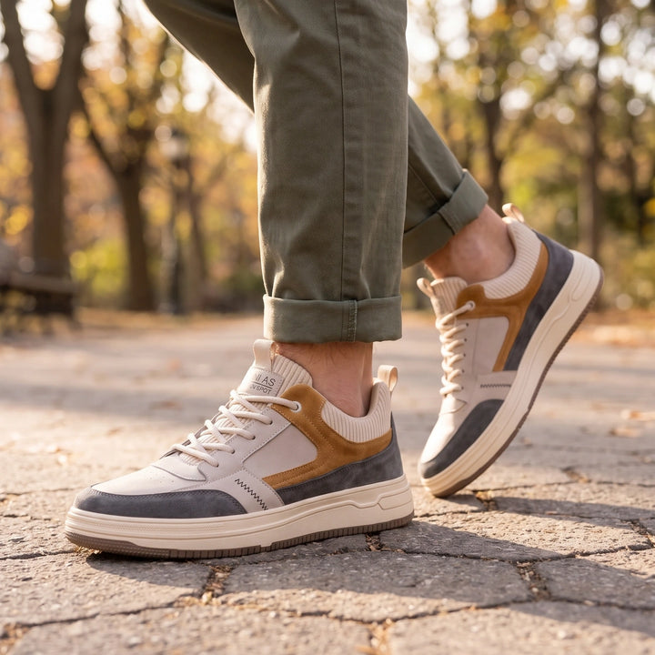 Owen Leather Suede Knit Collar Court Sneakers - Beige