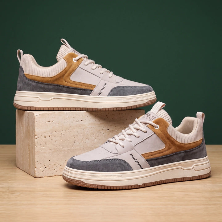 Owen Leather Suede Knit Collar Court Sneakers - Beige