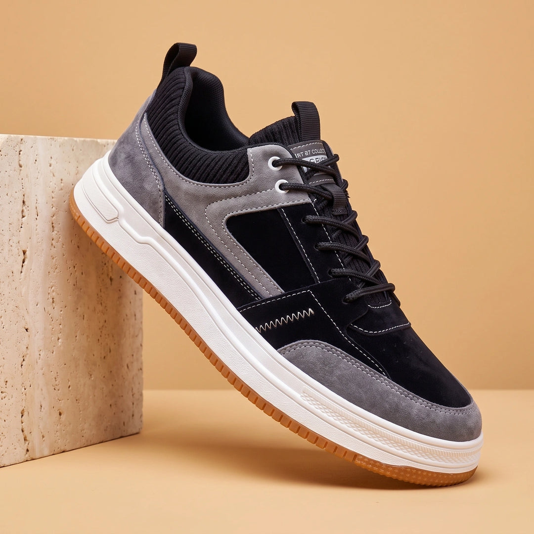 Owen Leather Suede Knit Collar Court Sneakers - Black