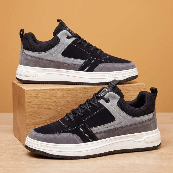 Owen Leather Suede Knit Collar Court Sneakers - Black