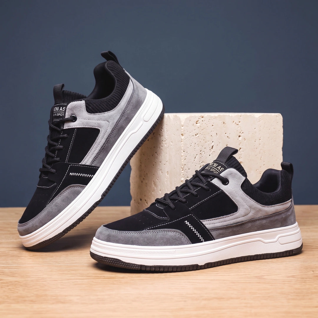 Owen Leather Suede Knit Collar Court Sneakers - Black