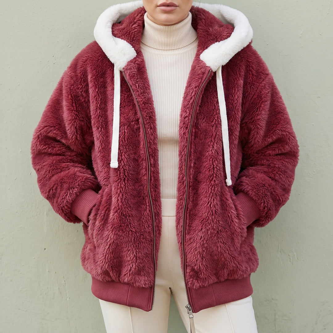 Paige Sherpa Fleece Hooded Zip Jacket - Red