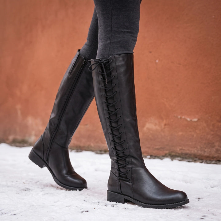 Perdita Orthopedic Lace Front Knee High Boots - Black
