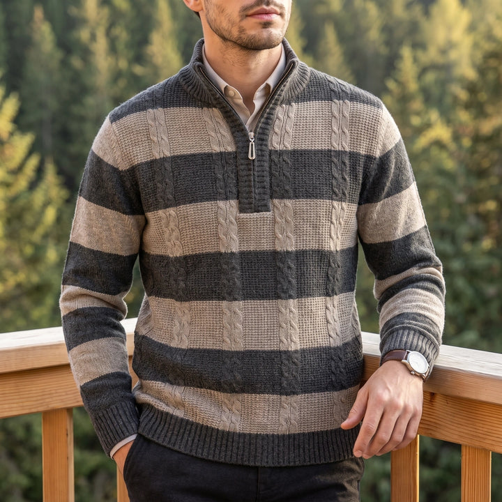 Piero Striped Cable Knit Half Zip Sweater - Brown