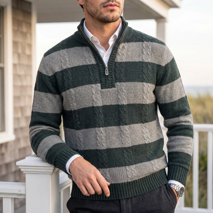 Piero Striped Cable Knit Half Zip Sweater - Gray