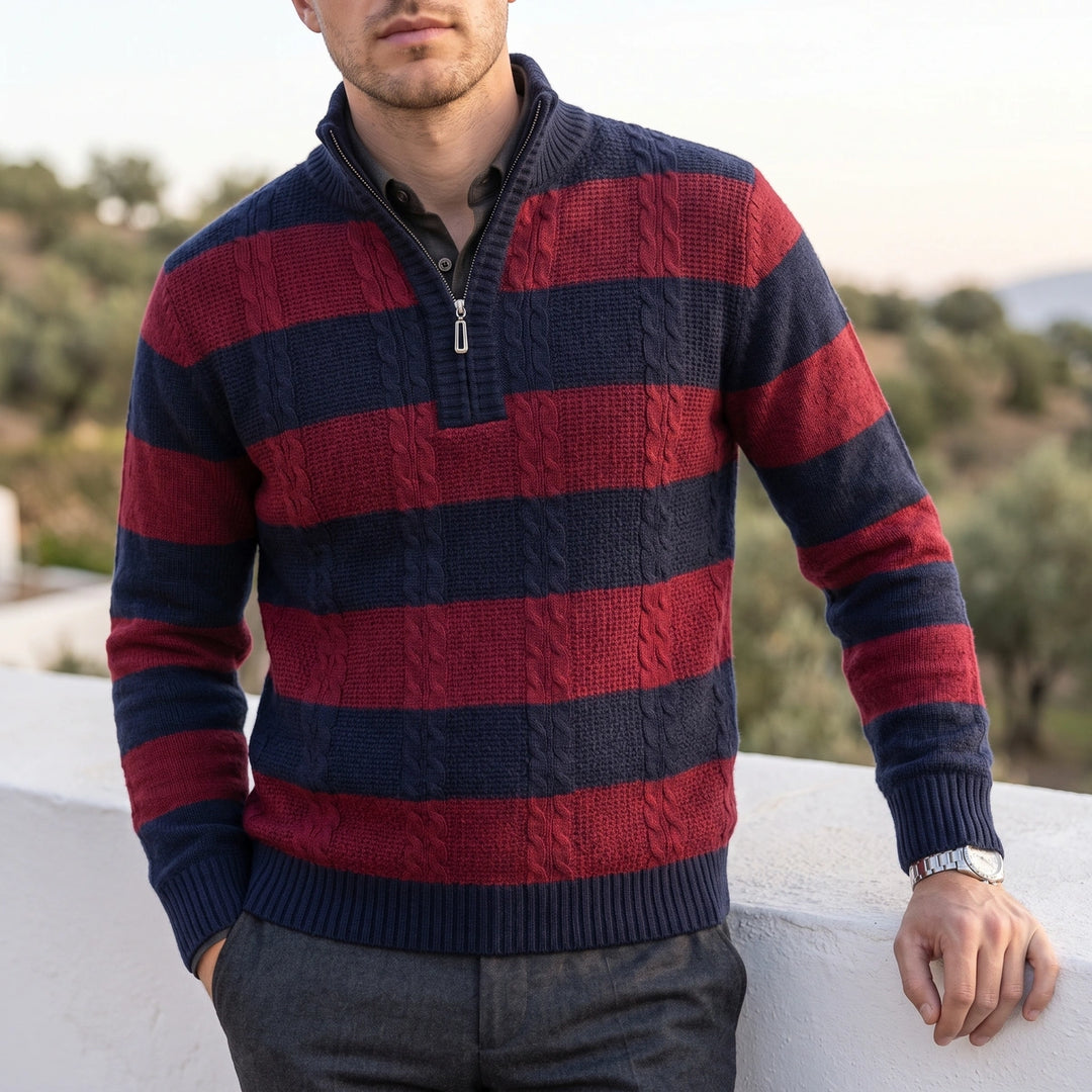 Piero Striped Cable Knit Half Zip Sweater - Navy Red