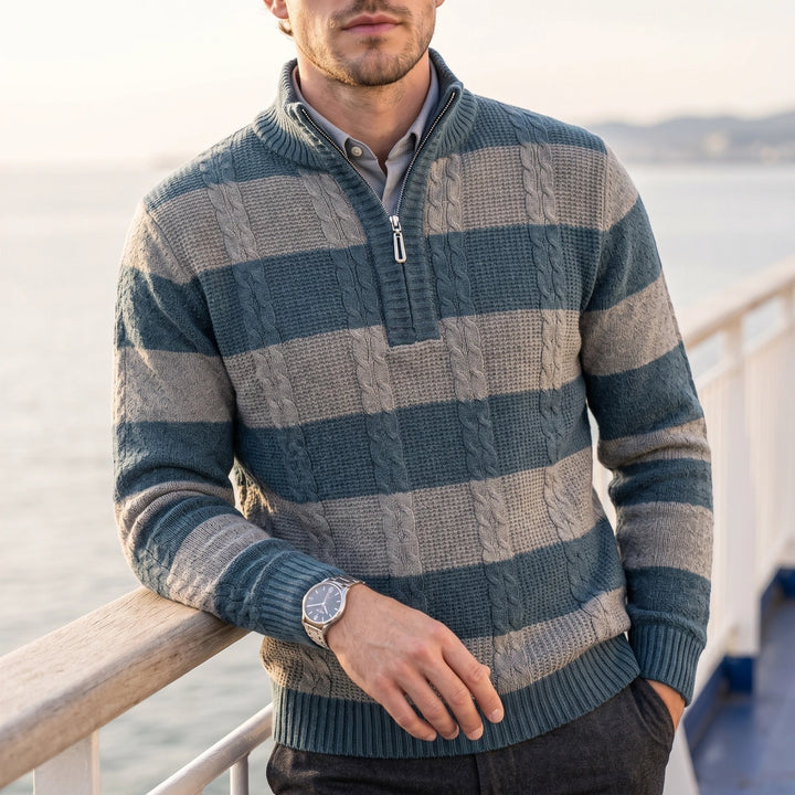 Piero Striped Cable Knit Half Zip Sweater - Teal
