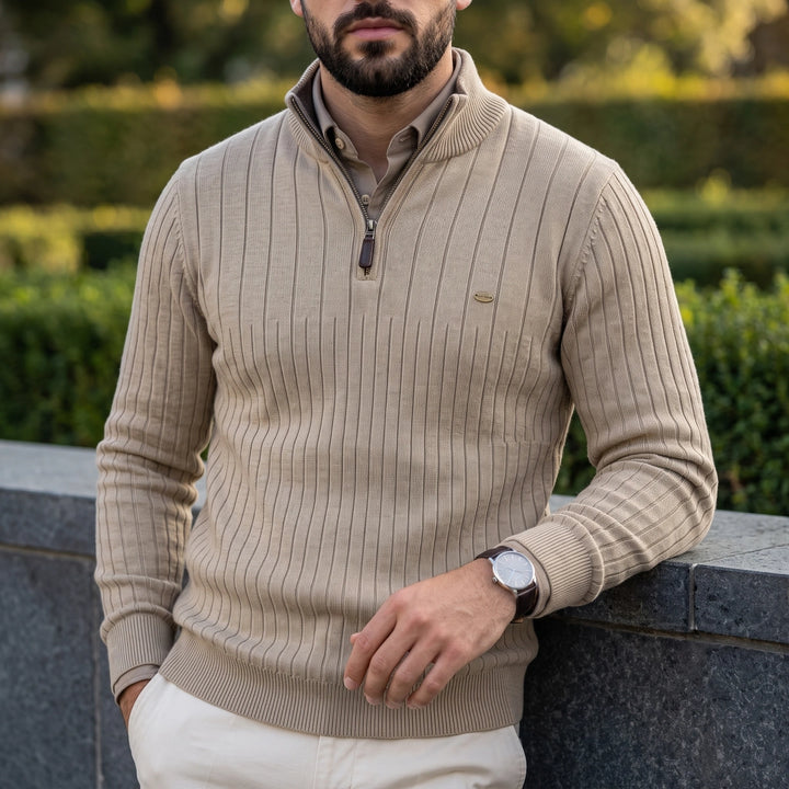 Rainer Ribbed Knit Quarter Zip Mock Neck Sweater - Beige