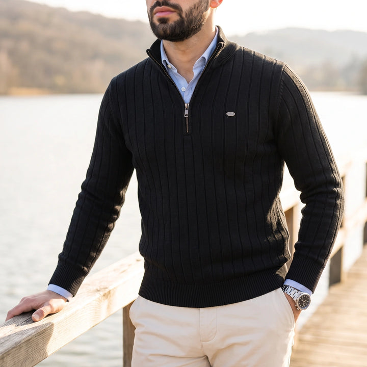 Rainer Ribbed Knit Quarter Zip Mock Neck Sweater - Black