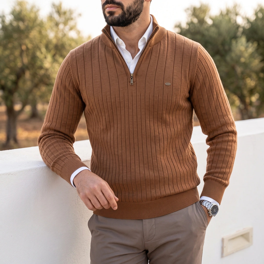 Rainer Ribbed Knit Quarter Zip Mock Neck Sweater - Brown