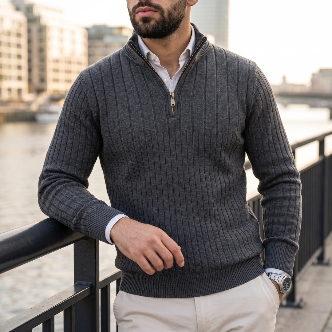 Rainer Ribbed Knit Quarter Zip Mock Neck Sweater - Gray
