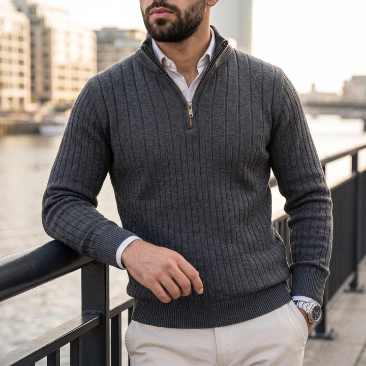 Rainer Ribbed Knit Quarter Zip Mock Neck Sweater - Gray
