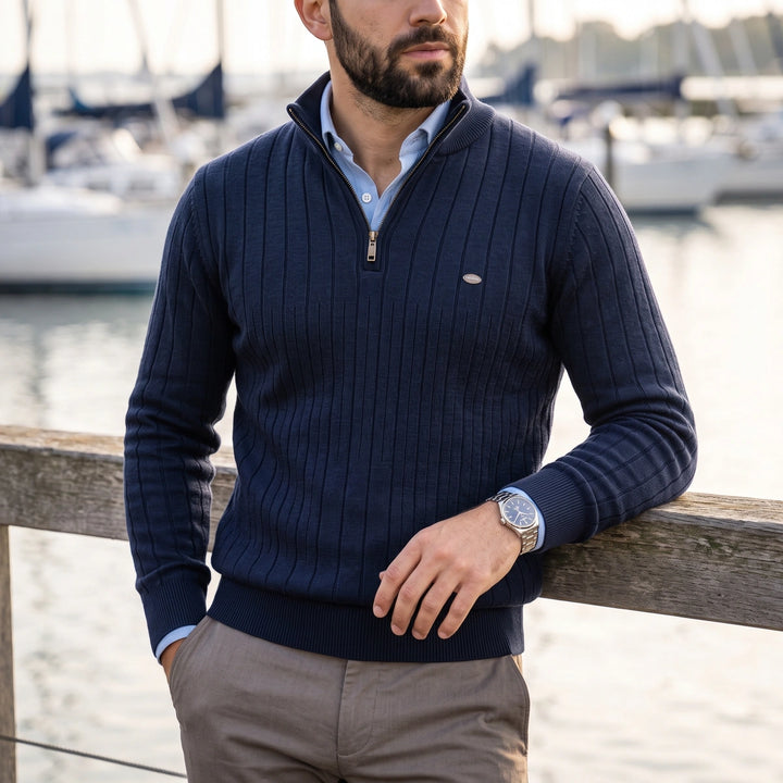 Rainer Ribbed Knit Quarter Zip Mock Neck Sweater - Navy Blue