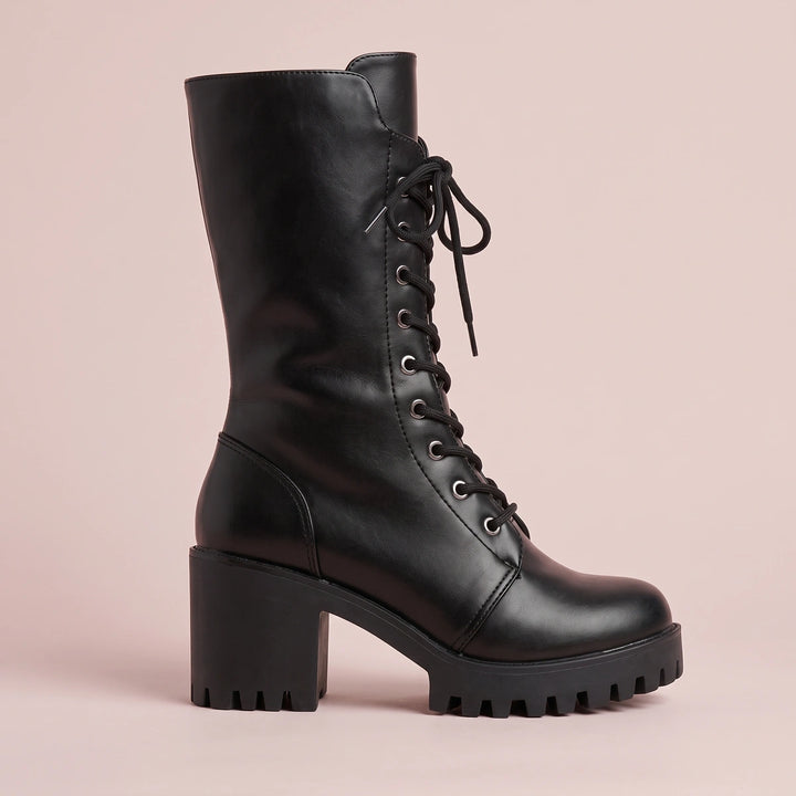 Rebecca Vegan Leather Platform Lace Up Combat Boots - Black