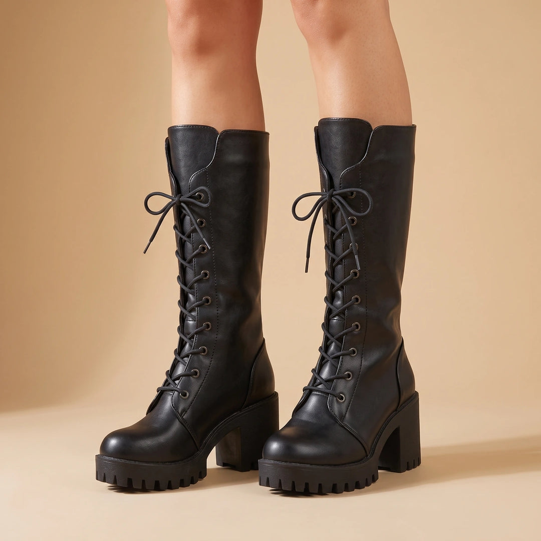 Rebecca Vegan Leather Platform Lace Up Combat Boots - Black