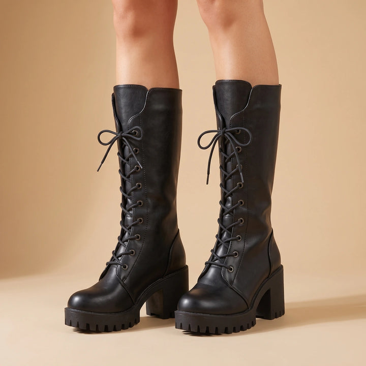 Rebecca Vegan Leather Platform Lace Up Combat Boots - Black