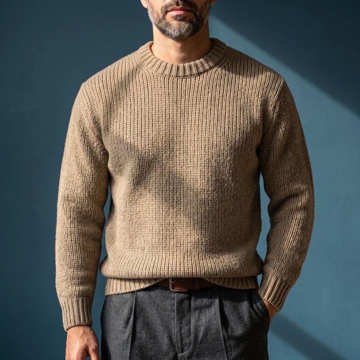 Finnian Textured Knit Crew Neck Sweater - Khaki