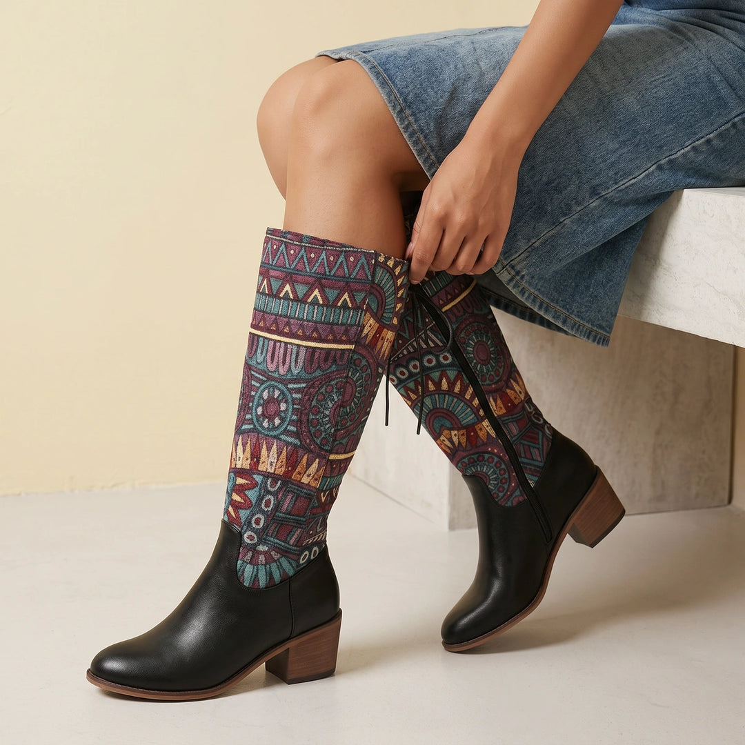 Ione Bohemian Tapestry Block Heel Boots - Black