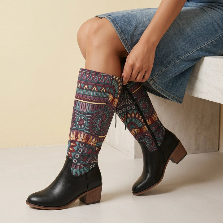 Ione Bohemian Tapestry Block Heel Boots - Black