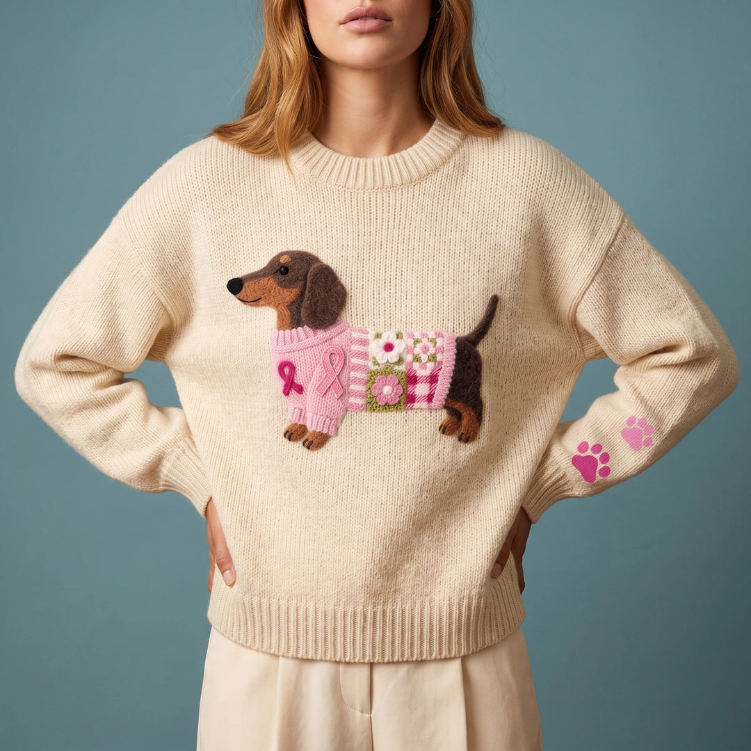 Dahlia Dachshund Applique Knit Sweater - Beige