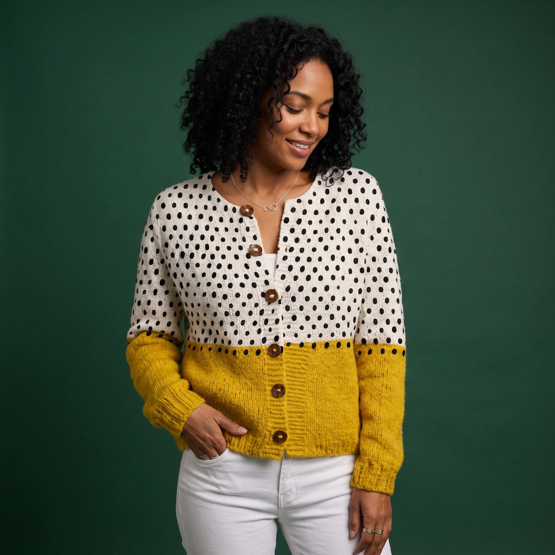 Talia Polka Dot Cropped Knit Cardigan - Off White & Yellow