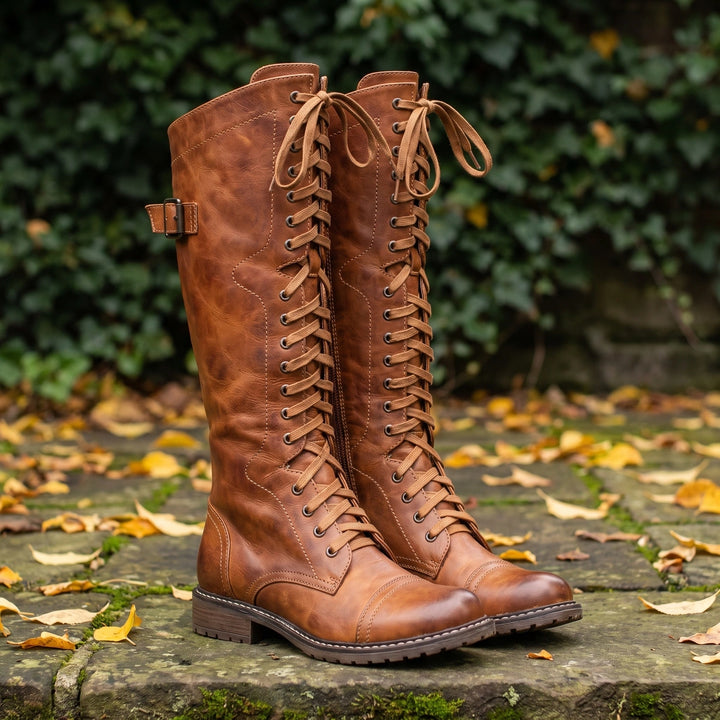 Regina Leather Lace Up Buckle Riding Boots - Brown