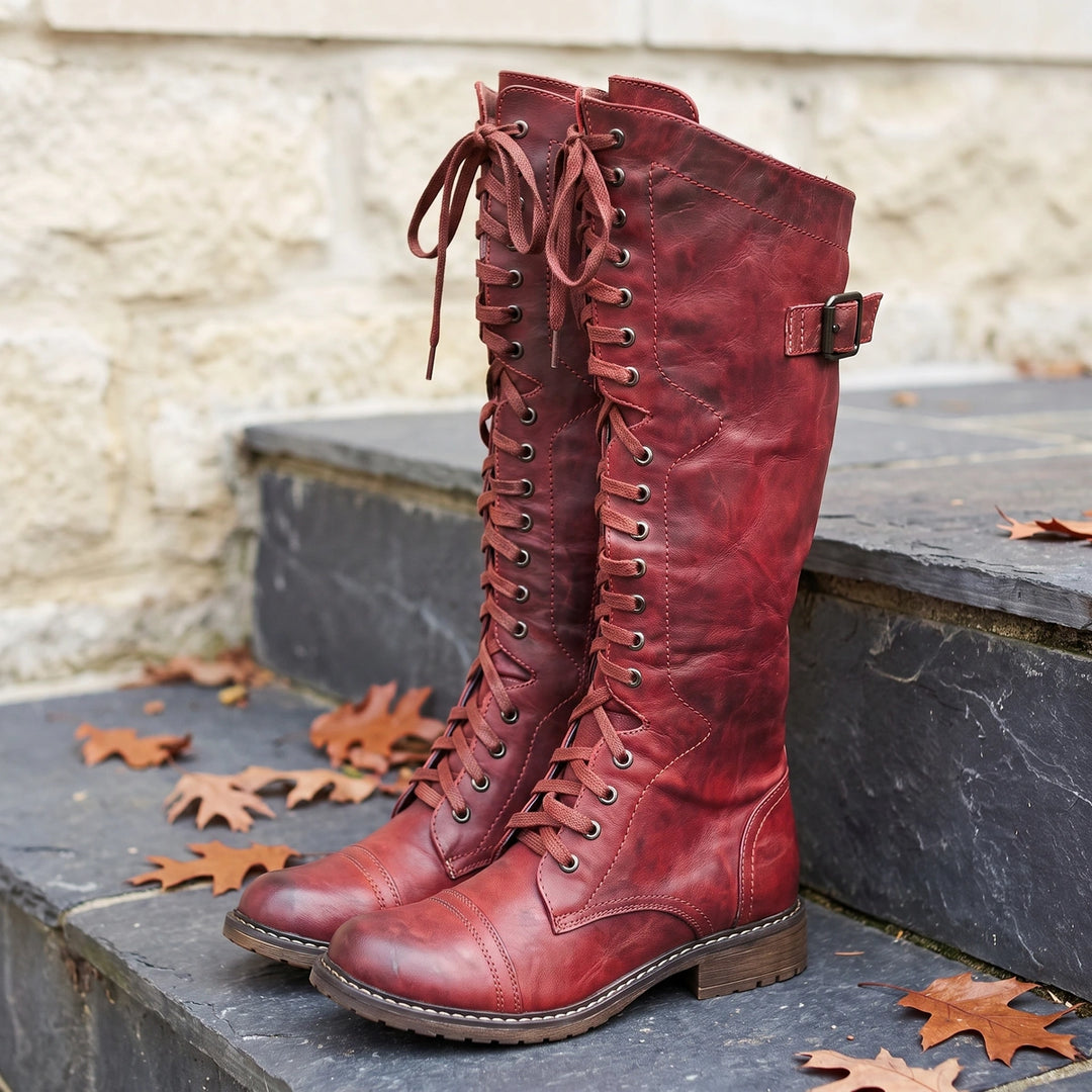 Regina Leather Lace Up Buckle Riding Boots - Red