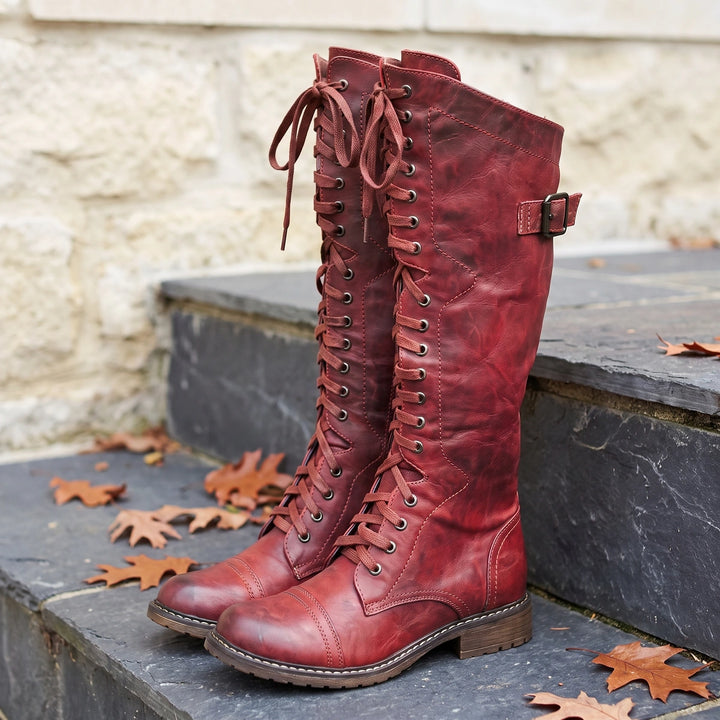 Regina Leather Lace Up Buckle Riding Boots - Red
