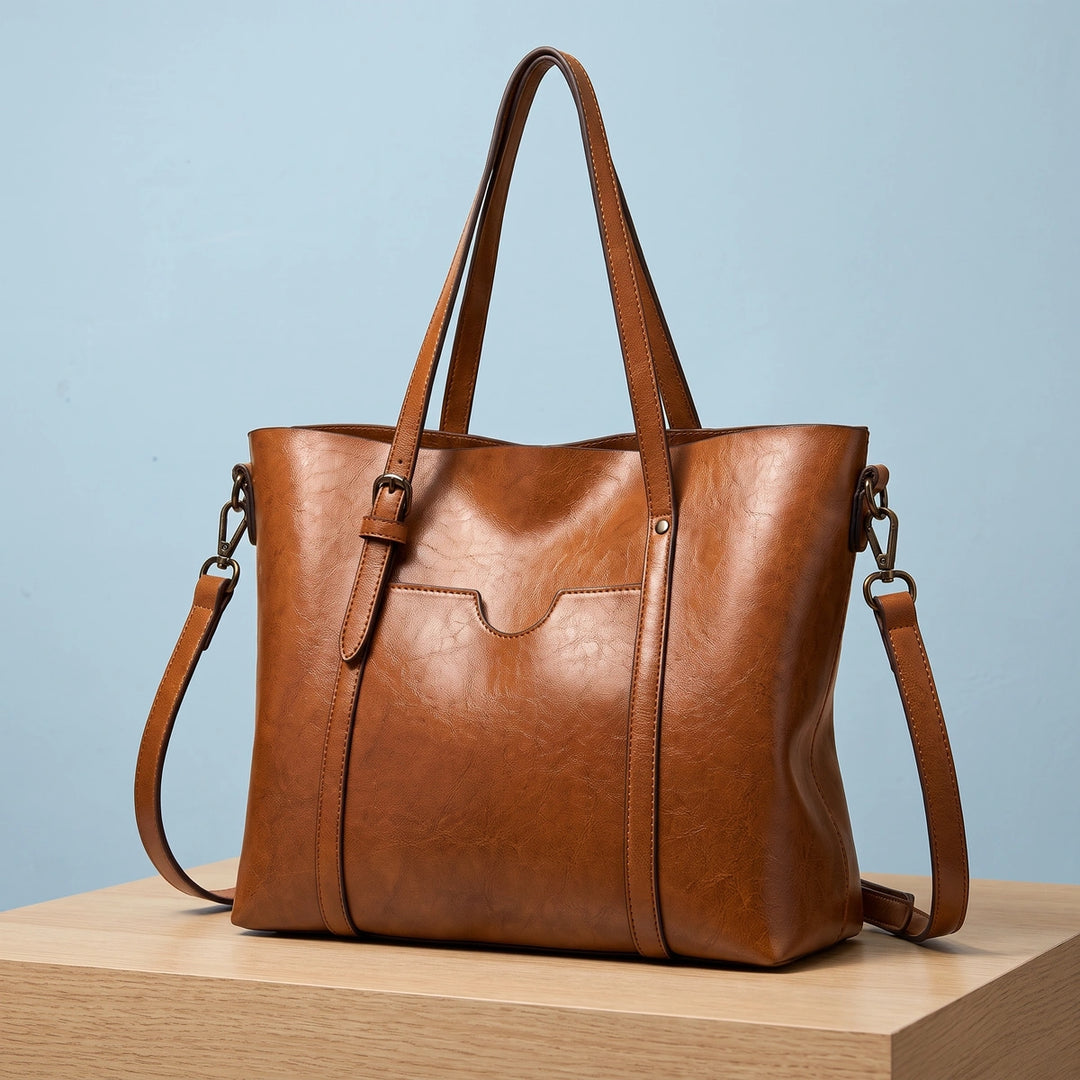 Rhea Structured Vegan Leather Tote Bag - Brown
