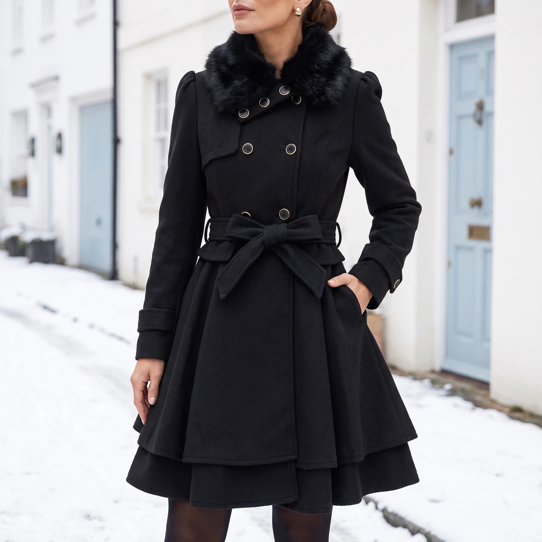 Rosella Faux Fur Collar Belted Peplum Coat - Black