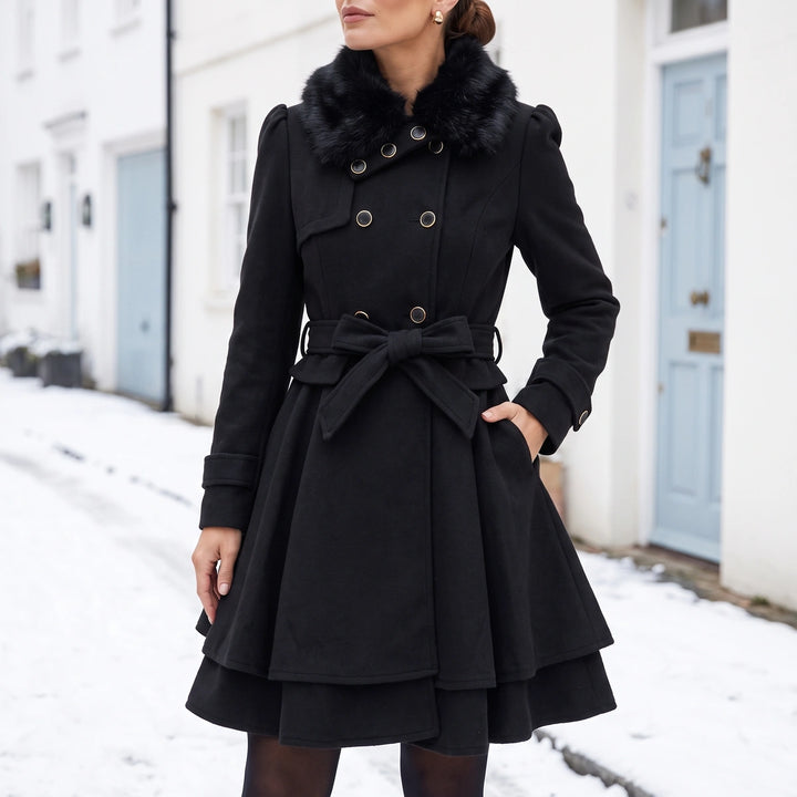 Rosella Faux Fur Collar Belted Peplum Coat - Black