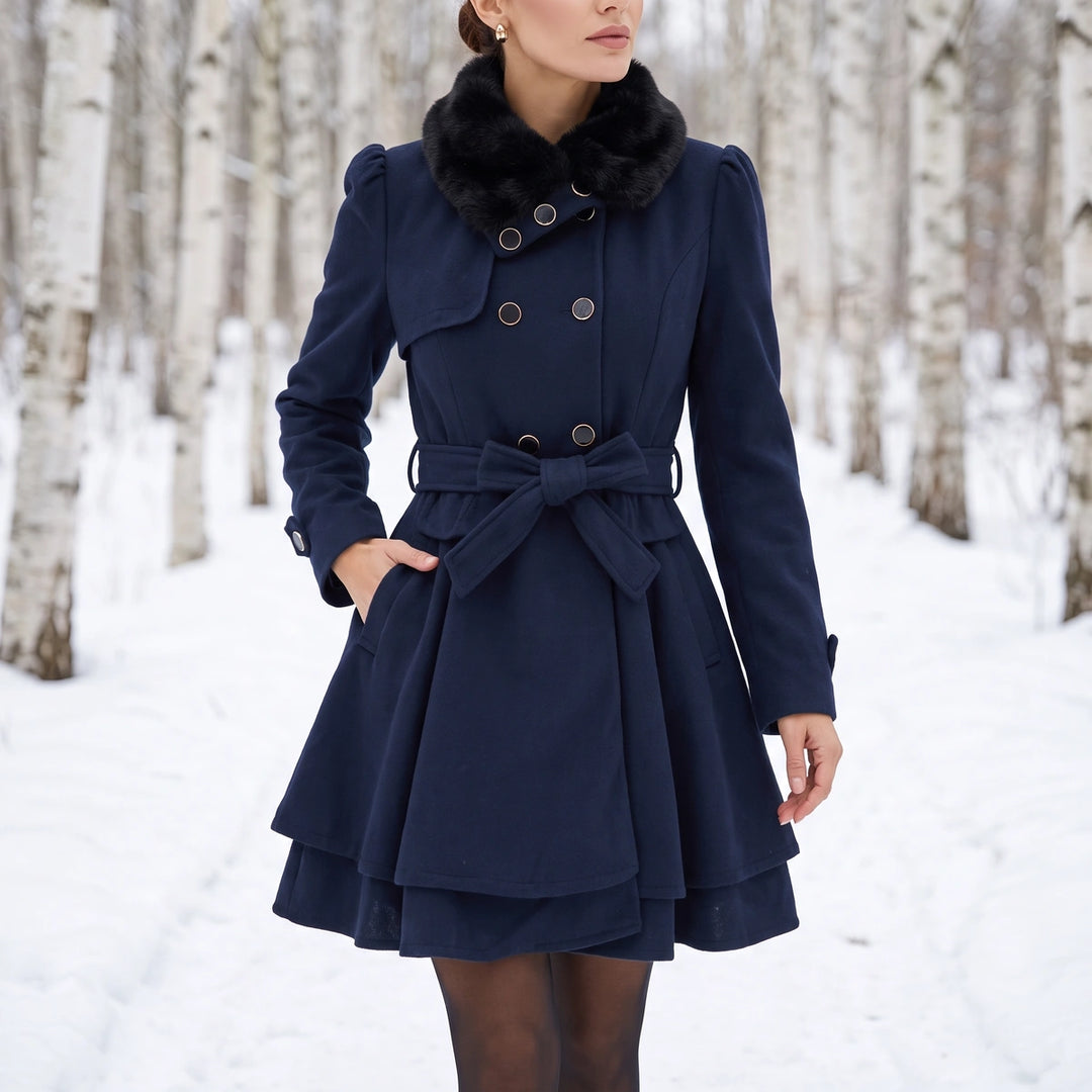 Rosella Faux Fur Collar Belted Peplum Coat - Navy Blue