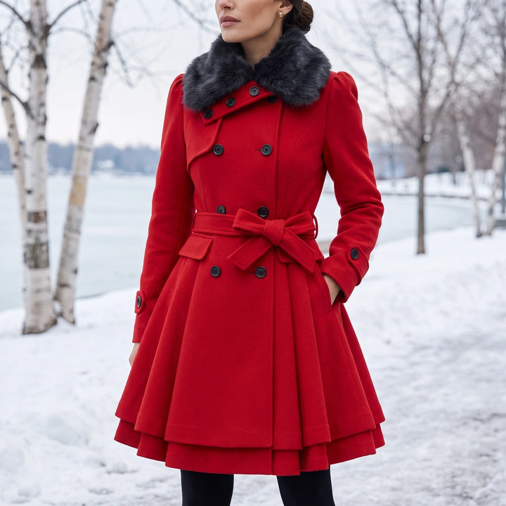 Rosella Faux Fur Collar Belted Peplum Coat - Red