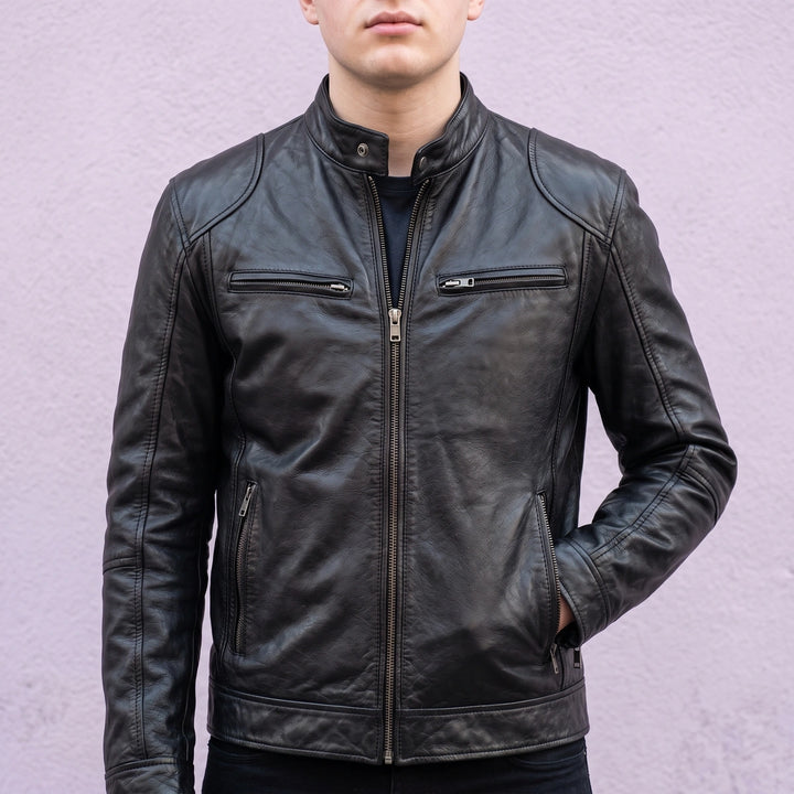 Rupert Worn Finish Leather Snap Collar Jacket - Black