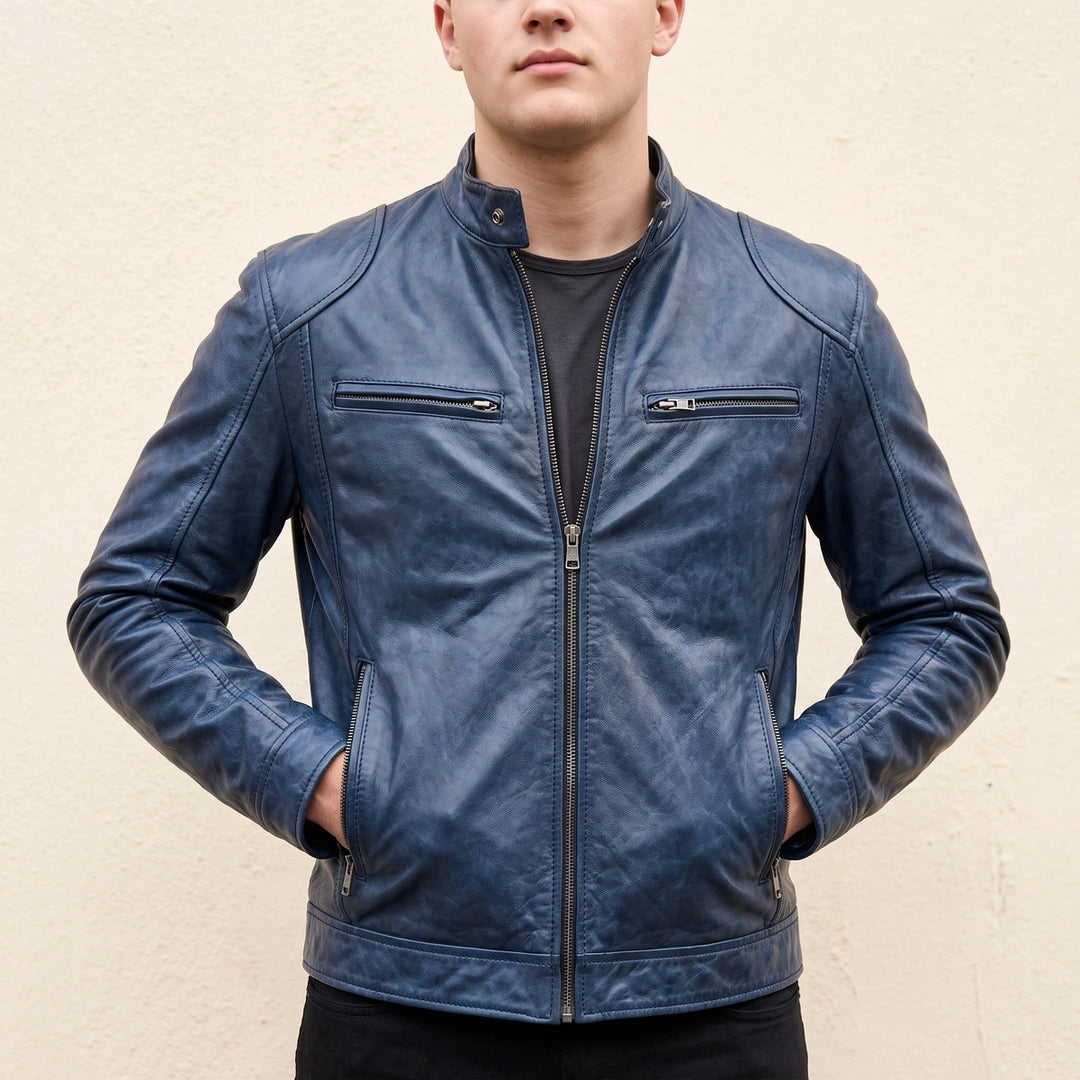 Rupert Worn Finish Leather Snap Collar Jacket - Blue
