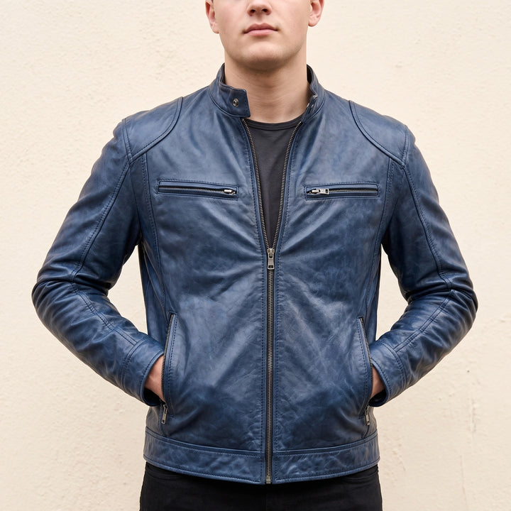 Rupert Worn Finish Leather Snap Collar Jacket - Blue