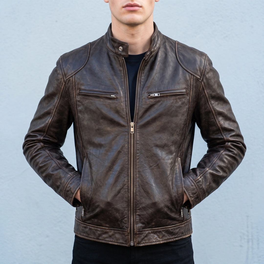 Rupert Worn Finish Leather Snap Collar Jacket - Brown