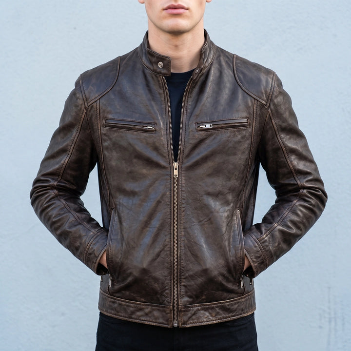 Rupert Worn Finish Leather Snap Collar Jacket - Brown