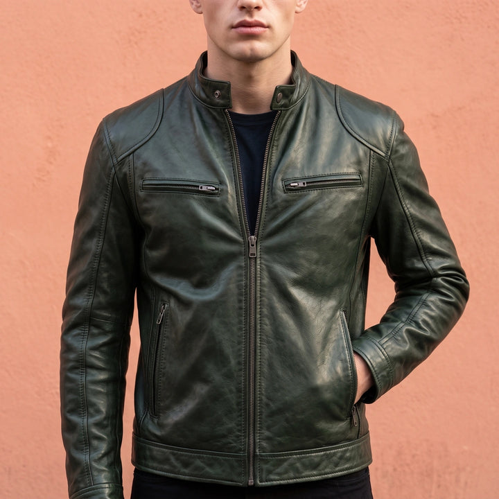 Rupert Worn Finish Leather Snap Collar Jacket - Green