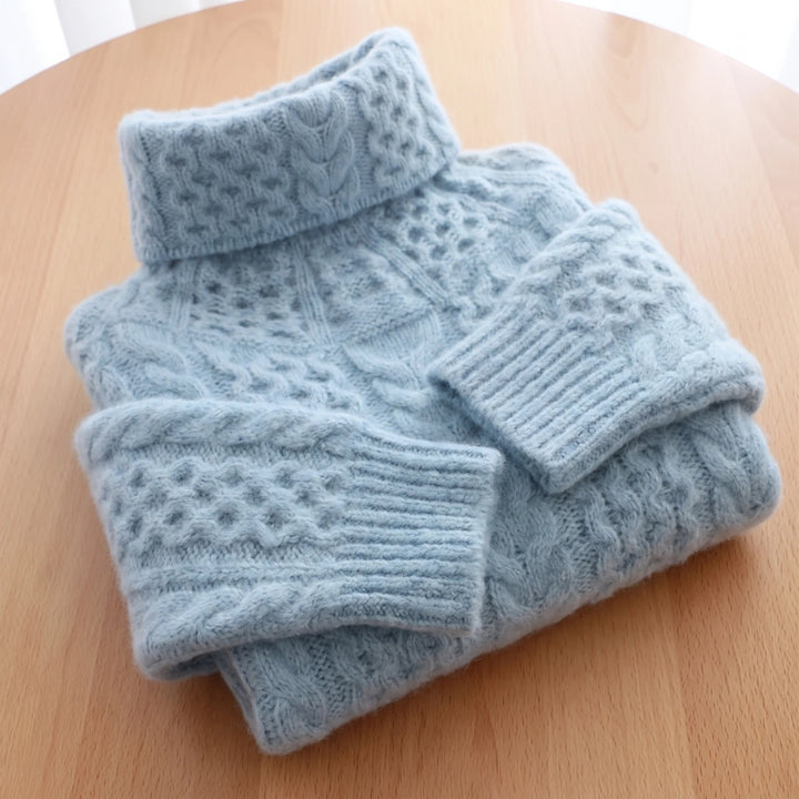Sadie Chunky Cable Knit Turtleneck Sweater - Pastel Blue
