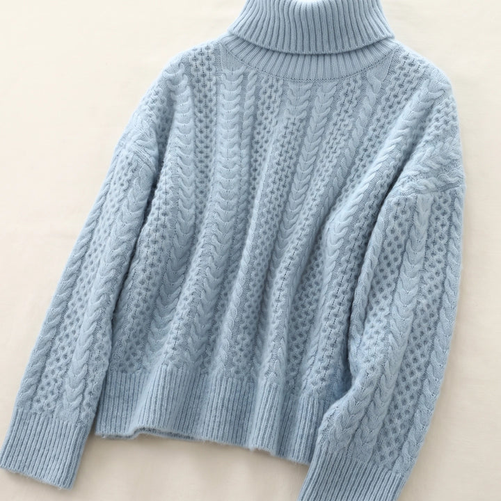 Sadie Chunky Cable Knit Turtleneck Sweater - Pastel Blue