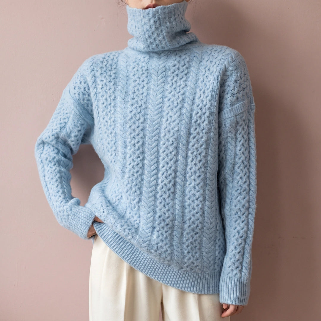 Sadie Chunky Cable Knit Turtleneck Sweater - Pastel Blue