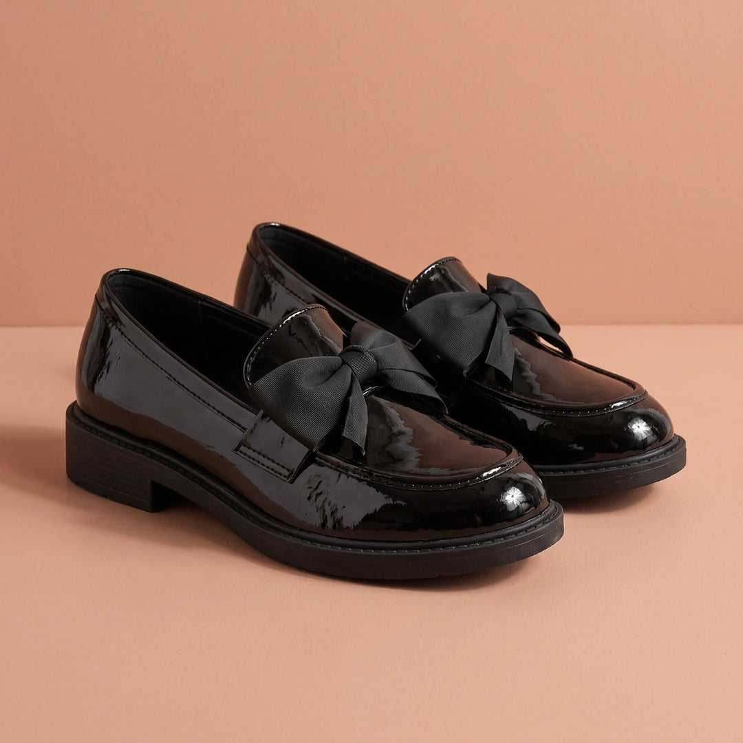 Selma Patent Bow Moc Toe Lug Loafers - Glossy Black