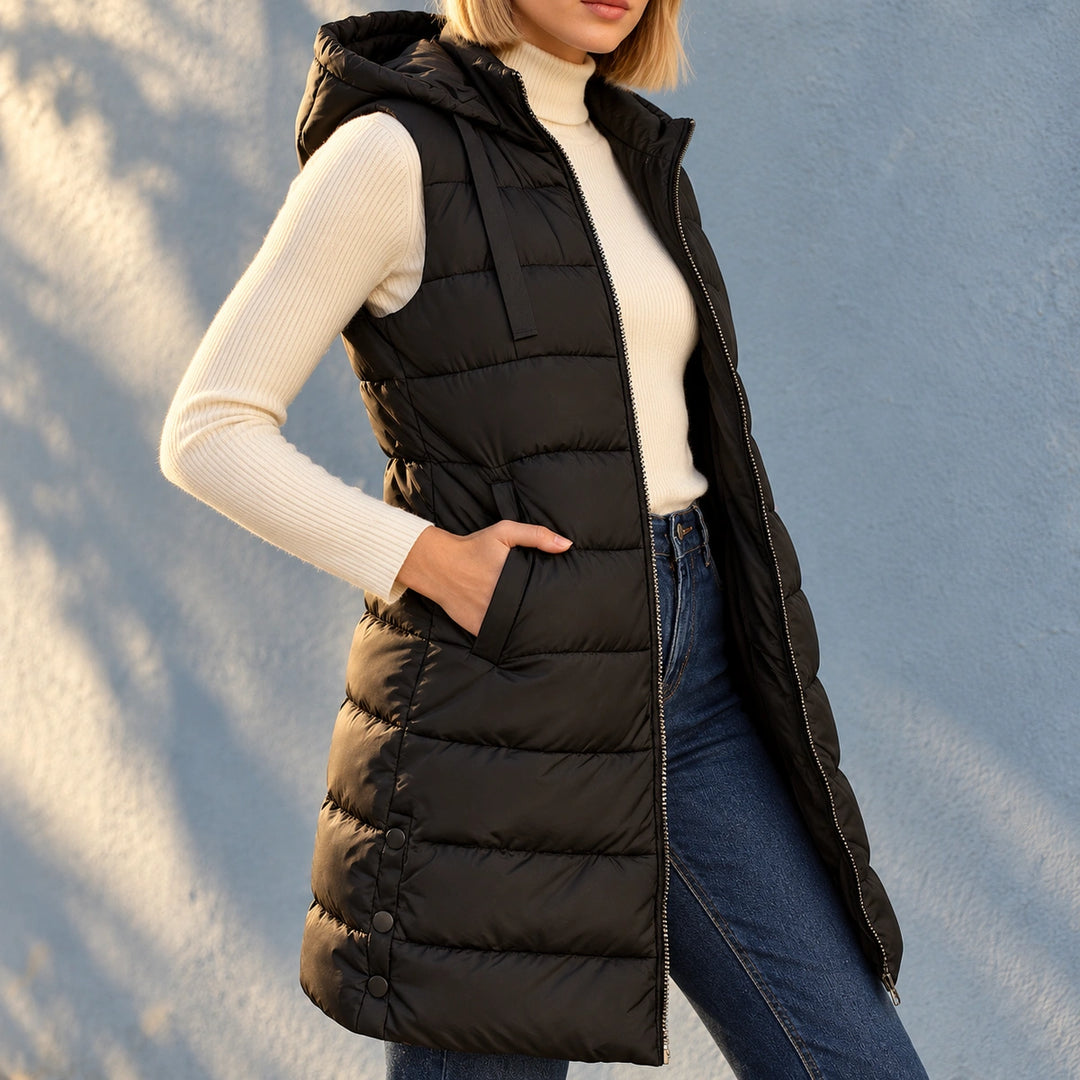 Shannon Long Quilted Hooded Puffer Vest - Black