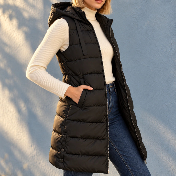Shannon Long Quilted Hooded Puffer Vest - Black